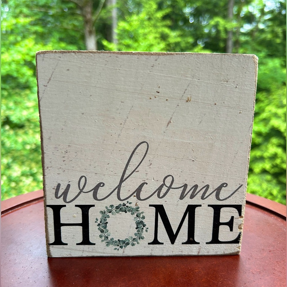 Rustic Welcome Home Wood Block Sign – Handmade USA Shelf Sitter